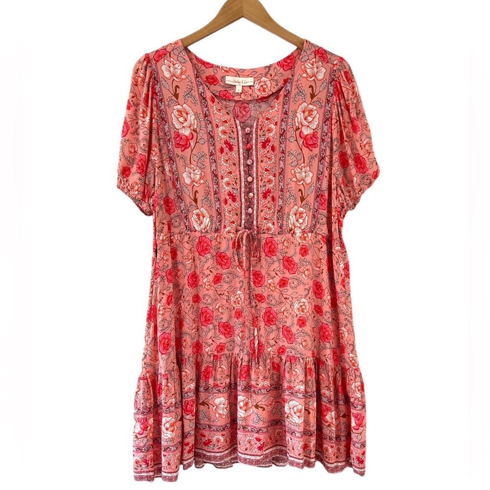 Hailey & Co dress large pink floral lightweight boho cottage drawstring
